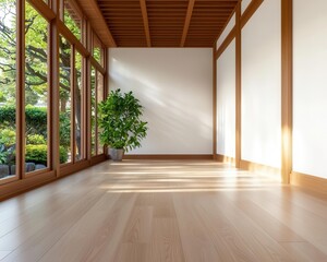 Fototapeta premium Sunlit shojilined hallway in a classic Japanese house, offering a soft, diffused glow throughout the space