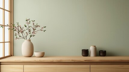 Minimalist Japanese kitchen with shojicovered storage cabinets, wooden countertops, and a serene atmosphere