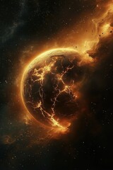 Obraz premium Fiery cracked planet glowing with molten lava and surrounded by cosmic dust and debris in deep space