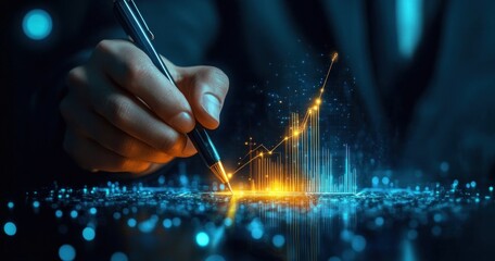 Close-up of a hand holding a pen drawing a glowing digital financial growth chart with upward arrow and bar graph on a futuristic blue and orange data interface