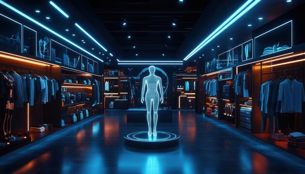 Futuristic clothing store interior illuminated with blue and orange lights featuring a holographic human figure display in the center surrounded by shelves and racks of folded and hanging clothes - Powered by Adobe