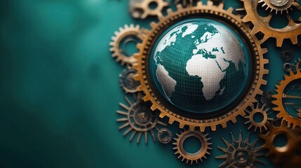 Metallic earth globe with map of continents surrounded by interlocking golden gears representing global mechanism and interconnected systems