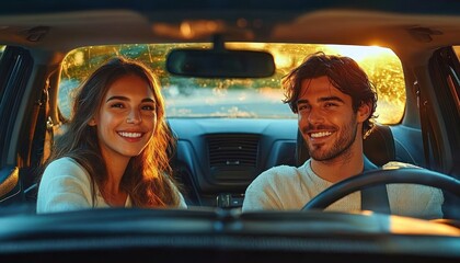 happy young man and woman sitting inside car smiling at camera during golden hour