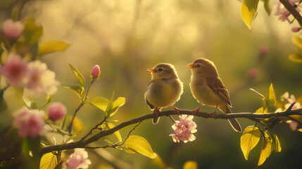 Two small birds sitting on a branch