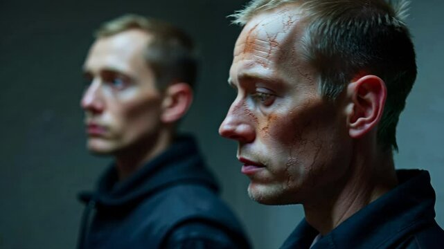 Man with cracked skin looking forward as clone fades behind &mdash; ideal for identity crisis, dystopia, or psychological drama themes.