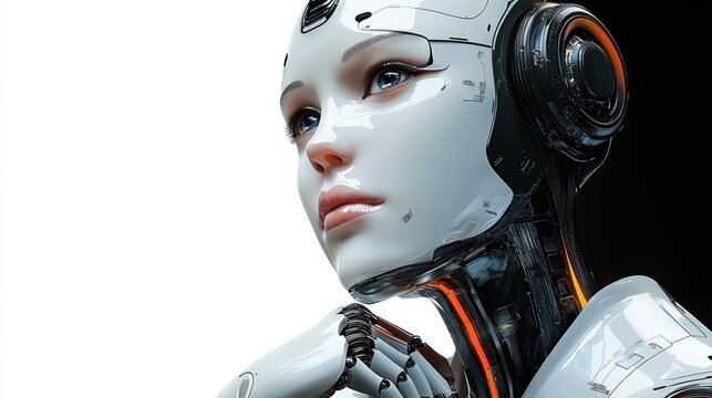 futuristic humanoid robot with lifelike facial features and reflective white and black mechanical body looking thoughtfully upward