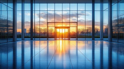Fototapeta premium modern glass building interior with large windows showing vibrant sunset and tree silhouettes reflecting on shiny tiled floor