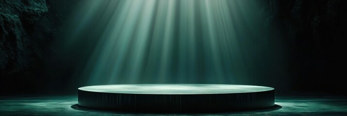 Empty round platform illuminated by dramatic beams of light in dark cave setting creating mysterious and serene atmosphere