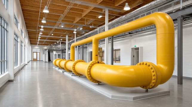 Wide shot of chemical process plant piping racks painted safety yellow, with flow control valves and electronic transmitters at each header connection