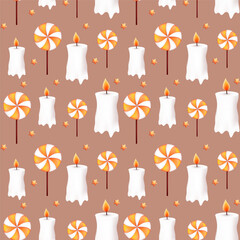 Happy Halloween seamless pattern. Candles and lollipop. Holiday vector illustration