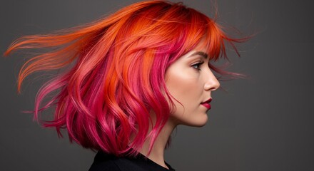 Profile portrait of a stylish young Caucasian woman with vibrant orange and pink ombre wavy bob hairstyle, her hair blowing in the wind against a grey studio background.