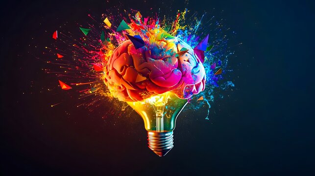 Colorful Brain Exploding from Lightbulb Symbolizing Creative Ideas Innovation and Inspiration