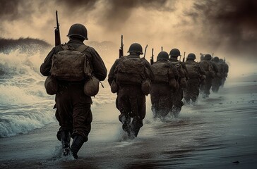 soldiers in military gear walking in a line along the wet sandy beach near crashing waves under a cloudy sky with a dramatic and tense atmosphere
