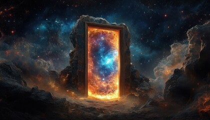 Obraz premium A glowing fiery doorway embedded in rocky terrain opens to a cosmic scene filled with blue and orange nebulae and distant stars, evoking mystery and wonder