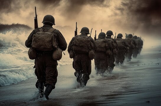 soldiers in military gear walking in a line along the wet sandy beach near crashing waves under a cloudy sky with a dramatic and tense atmosphere