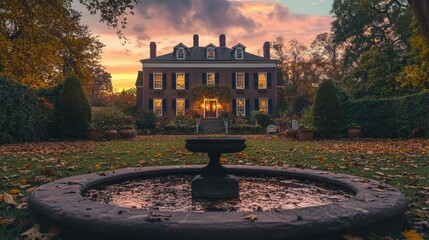 Fototapeta premium Autumnal Estate at Sunset: A Serene Garden Scene