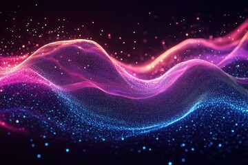 Obraz premium Abstract glowing wave-like particles in vibrant pink, purple, and blue hues creating a dynamic and futuristic digital landscape with sparkling light effects