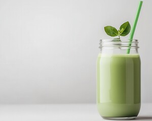 Vibrant green matcha smoothie in a glass jar with a straw, refreshing health drink concept