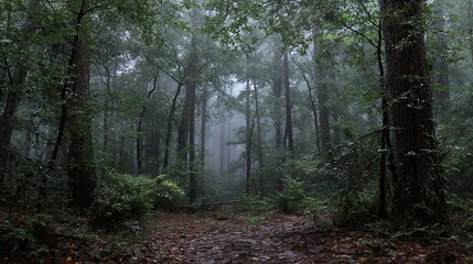 Obraz premium Dense forest at dawn with early morning mist, fallen leaves scattered on the ground and visible animal tracks creating a mysterious natural atmosphere