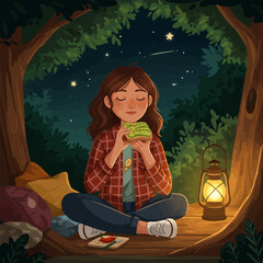 Woman Eating Avocado Toast While Camping at Night Under the Stars