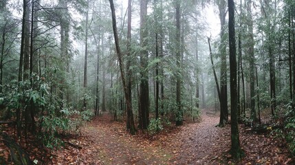 Fototapeta premium Dense forest at dawn with early morning mist, fallen leaves scattered on the ground and visible animal tracks creating a mysterious natural atmosphere