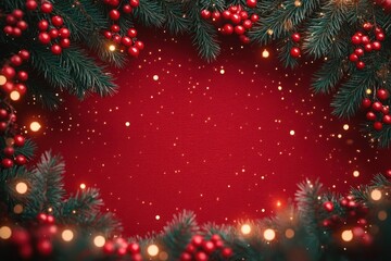 Festive evergreen branches with bright red berries framing a glowing red background with golden sparkling lights creating a warm, cheerful holiday atmosphere