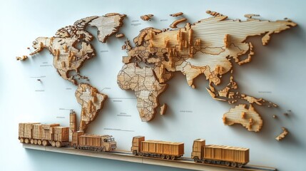 3D wooden world map mounted on wall with carved detailed countries and continents featuring small wooden freight trucks below representing global transportation and trade
