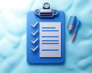 Blue clipboard with a checklist featuring four checked items and a piece of paper next to a pen and marker on a soft blue textured surface