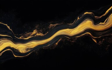 Abstract flowing golden and black liquid-like streaks creating a dynamic wave pattern on a dark background emitting a sense of energy and movement