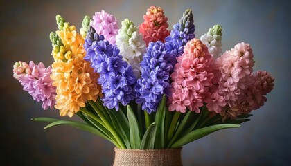 Vibrant bouquet of multicolored hyacinth flowers arranged in a rustic vase against a soft gradient background, evoking freshness and natural beauty