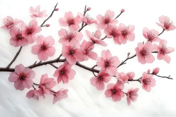 Delicate pink cherry blossom branch with multiple flowers and buds on white background, evoking tranquility and natural beauty