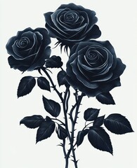 Close-up of three dark roses with detailed petals and leaves on white background, evoking elegance and mystery