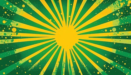 Abstract green background with yellow radial sunburst rays and splattered paint effect creating energetic and vibrant design