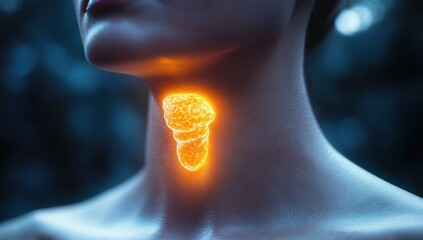 Close-up of a human neck with a glowing, digital 3D visualization of the thyroid gland highlighting anatomy and medical focus