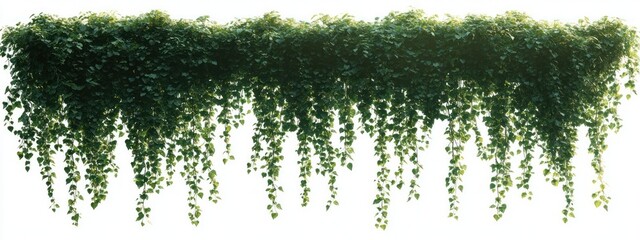 Dense green trailing vine plants hanging down in a continuous lush row with vibrant leaves against a white background