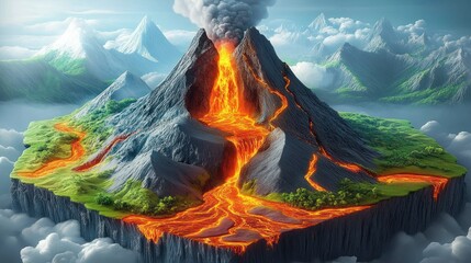 Active volcanic eruption with bright orange molten lava flowing down dark rocky mountains surrounded by green vegetation and distant snowy peaks under a cloudy sky