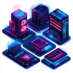 Glowing futuristic digital server and data storage units with neon blue and pink lights connected in a high-tech network setup