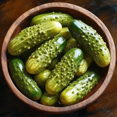 Fresh green cucumbers with bumpy skin placed in a round wooden bowl on a dark wooden surface