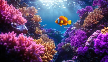 Bright orange clownfish swimming through vibrant coral reef with purple, pink, and orange corals under clear blue sunlight filtered water