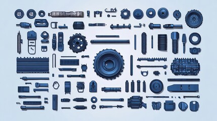 Array of various mechanical and automotive parts laid out neatly on a light background evoking organization and precision