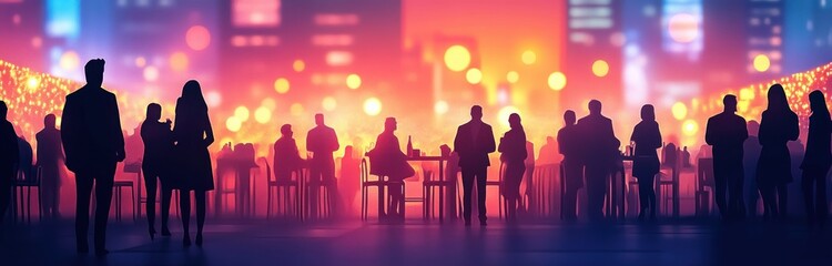 Silhouettes of people socializing and dining outdoors in the evening with warm glowing city lights and bokeh background creating a lively festive atmosphere