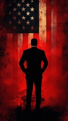 Silhouette of a man in a suit standing confidently with hands on hips against a distressed American flag background with dominant red tones
