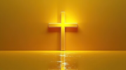 Glowing illuminated cross on a smooth reflective surface with warm golden yellow background radiating light and reflections