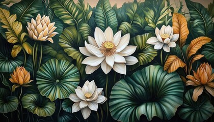 Close-up of lush tropical green leaves with several blooming white and orange lotus flowers creating a vibrant natural scene