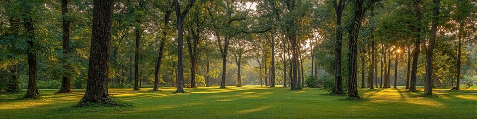 Fototapeta premium Golden Sunlight Through Forest Trees