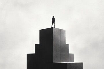 Silhouette of a person standing confidently on top of a tall geometric block structure against a minimalistic cloudy sky, evoking solitude and achievement