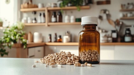 Balanced nutrition concept with dry nuts and pill bottle in modern home
