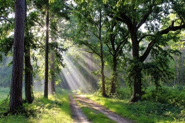 Obraz premium Sunlight Path Through Forest Trees