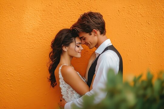 Romantic young couple embracing closely with foreheads touching against a vibrant orange textured wall, expressing love and tenderness - Powered by Adobe