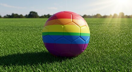 A vibrant rainbow-colored soccer ball, symbolizing LGBTQ+ pride and inclusion, rests on a sunlit green grass field outdoors.